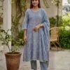 Dusty blue Mul Chanderi suit with light floral detailing, matching trousers and dupatta