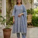 Dusty blue Mul Chanderi suit with light floral detailing, matching trousers and dupatta