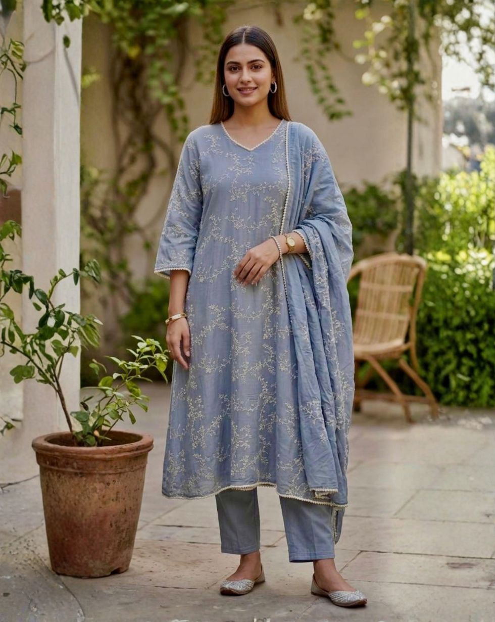 Dusty blue Mul Chanderi suit with light floral detailing, matching trousers and dupatta