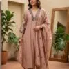 Dusty rose Mul Chanderi suit with dark floral detailing at the neckline and sleeves, matching trousers and dupatta
