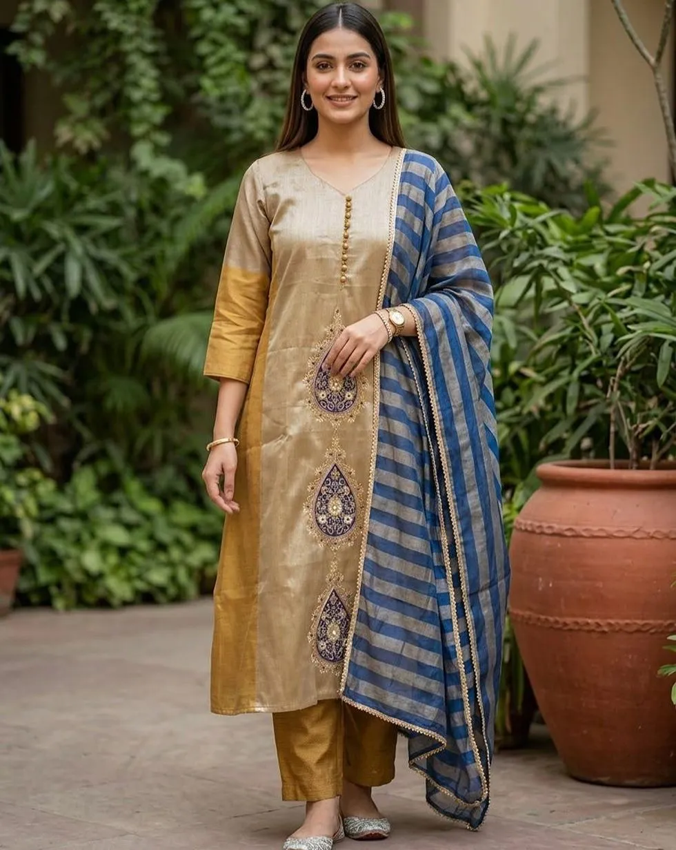 Golden Mustard Tissue Silk Suit Set with Blue Striped Dupatta — Alternate view