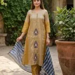 Golden Mustard Tissue Silk Suit Set with Blue Striped Dupatta — Front view