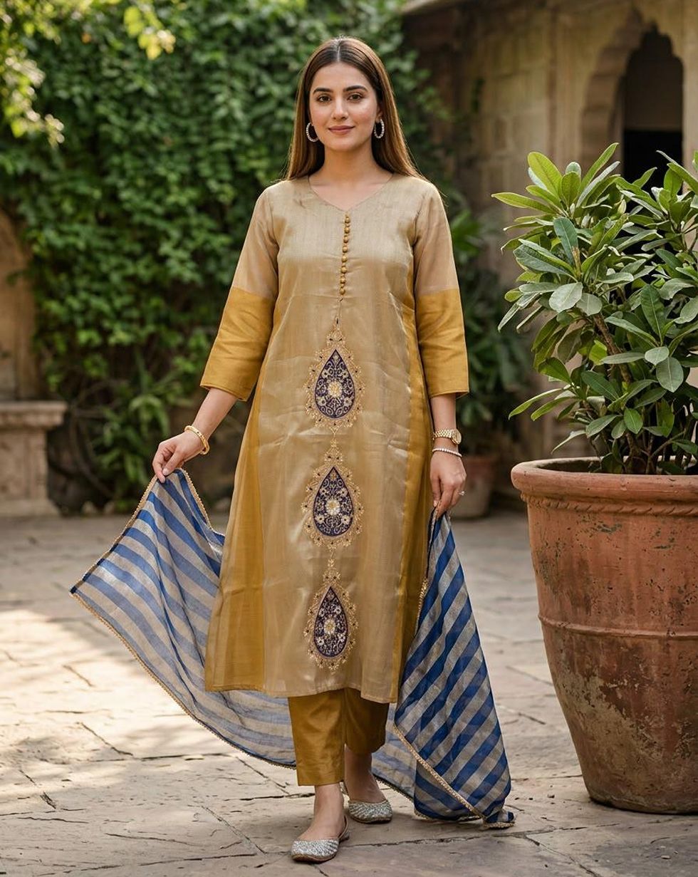 Golden Mustard Tissue Silk Suit Set with Blue Striped Dupatta — Front view