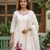 Ivory Mul Chanderi suit with burgundy floral detailing, round neckline and striped-border dupatta