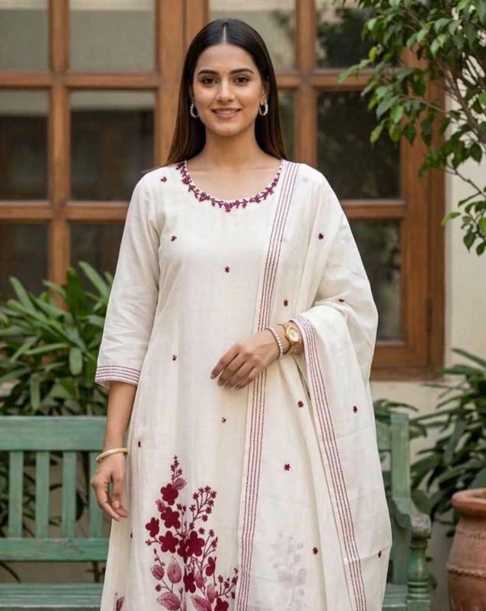 Ivory Mul Chanderi suit with burgundy floral detailing, round neckline and striped-border dupatta