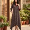Black Medallion printed modal silk dress with three-quarter sleeves and an asymmetric hem