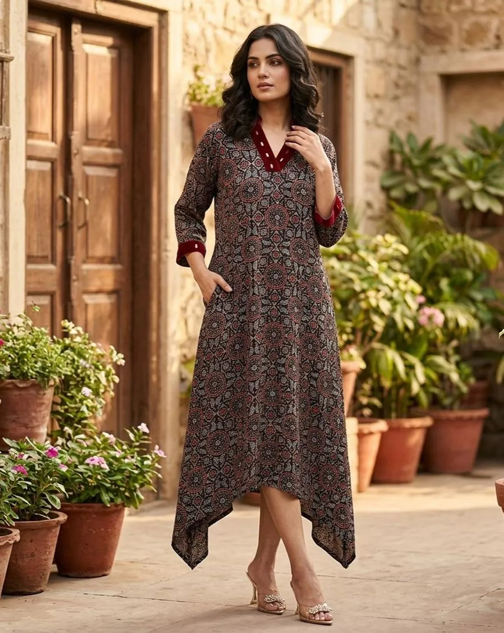 Black Medallion printed modal silk dress with three-quarter sleeves and an asymmetric hem