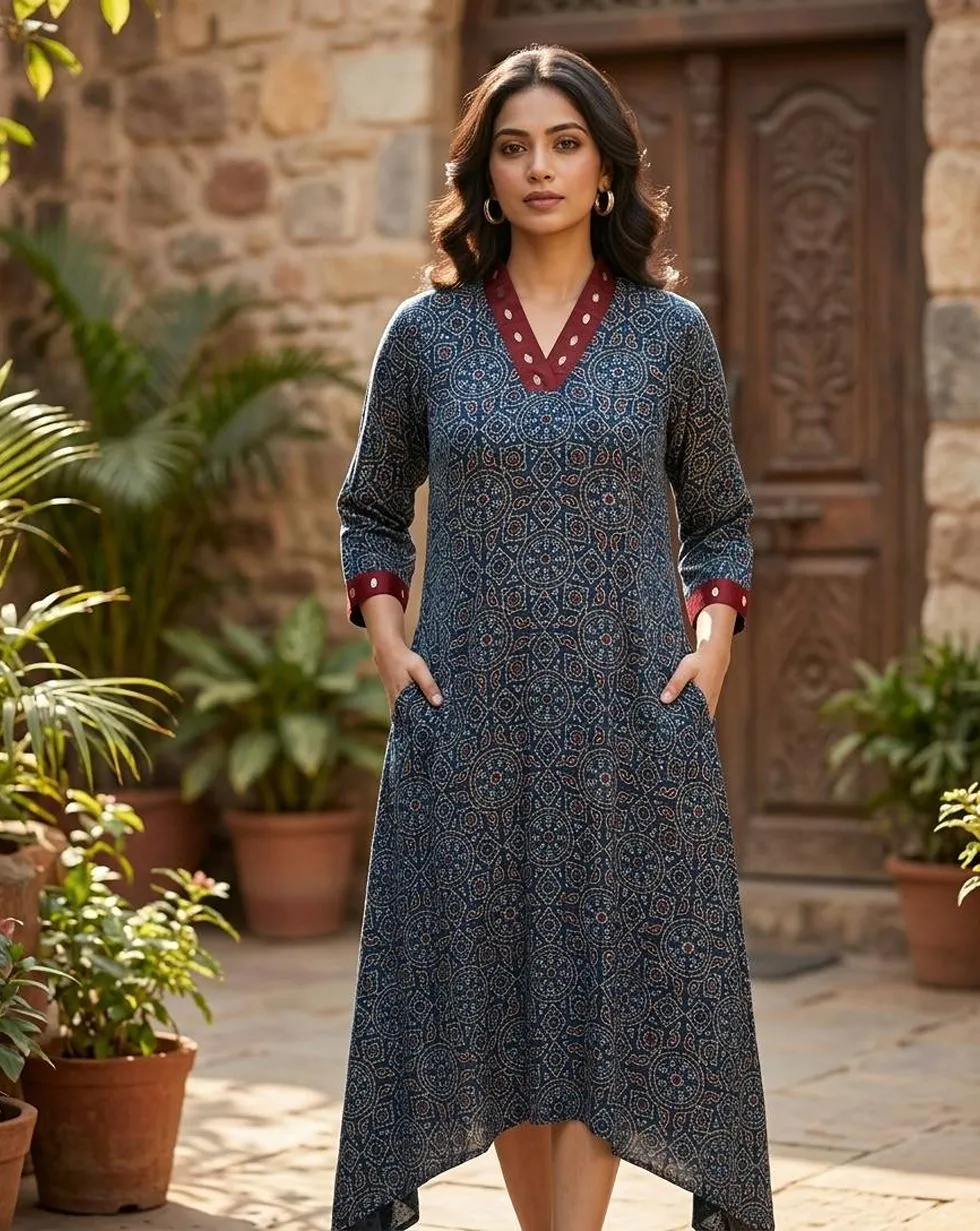 Indigo Paisley printed modal silk dress with three-quarter sleeves and an asymmetric hem