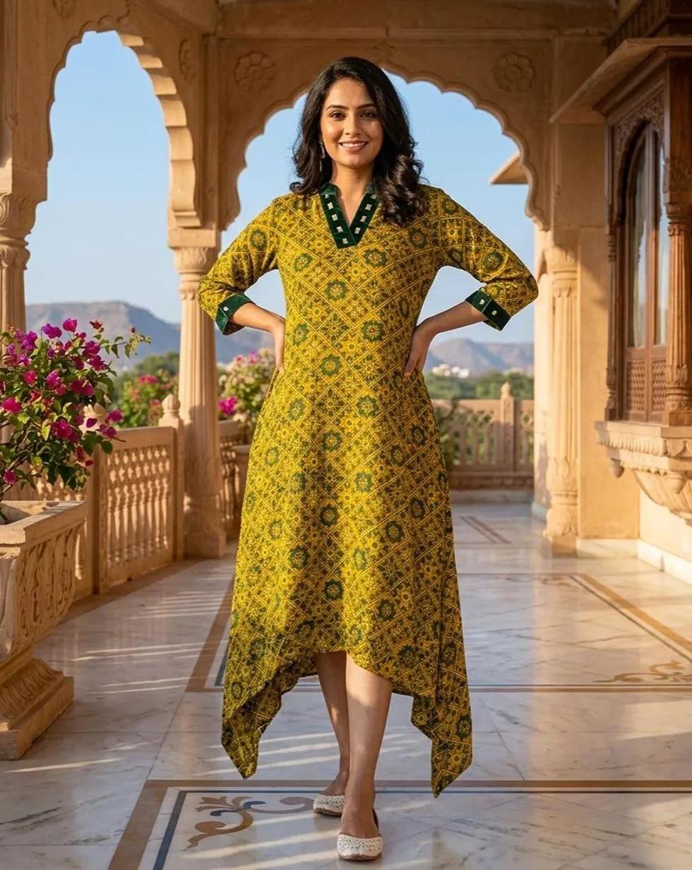 Mustard Geometric printed modal silk dress with three-quarter sleeves and an asymmetric hem