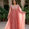 Rose pink Banarasi Mul Chanderi Anarkali suit with ornate light floral yoke, matching trousers and sheer dupatta