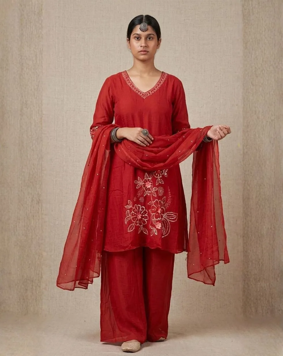 Ruby red Banarasi Mul Chanderi suit with light floral detailing, wide-leg trousers and sheer dotted dupatta