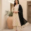 Ivory cotton kurta and trousers with small black motifs and a black dupatta with scalloped ivory border - view 2