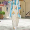 Ivory cotton Farshi co-ord set with blue check panels, yellow floral motifs and matching loose trousers