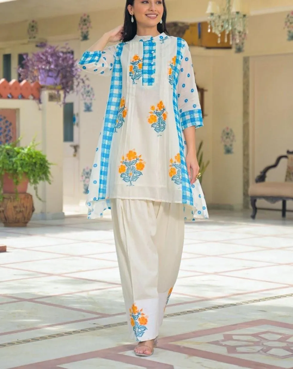 Ivory cotton Farshi co-ord set with blue check panels, yellow floral motifs and matching loose trousers