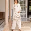 Ivory cotton co-ord set with floral and geometric embroidery, tassel neckline and matching trousers