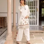 Ivory cotton co-ord set with floral and geometric embroidery, tassel neckline and matching trousers