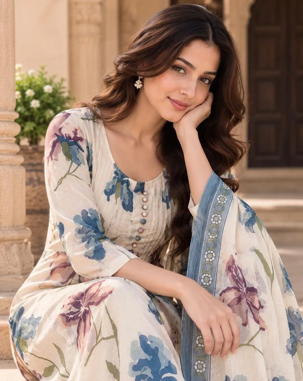 Ivory cotton suit set with blue and mauve floral prints - Floral print and neckline detail