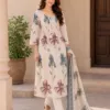 Ivory cotton suit set with blue and mauve floral prints - Full-length view