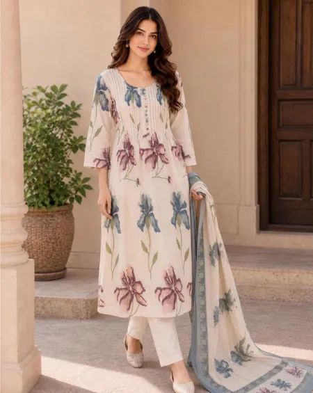 Ivory cotton suit set with blue and mauve floral prints - Full-length view
