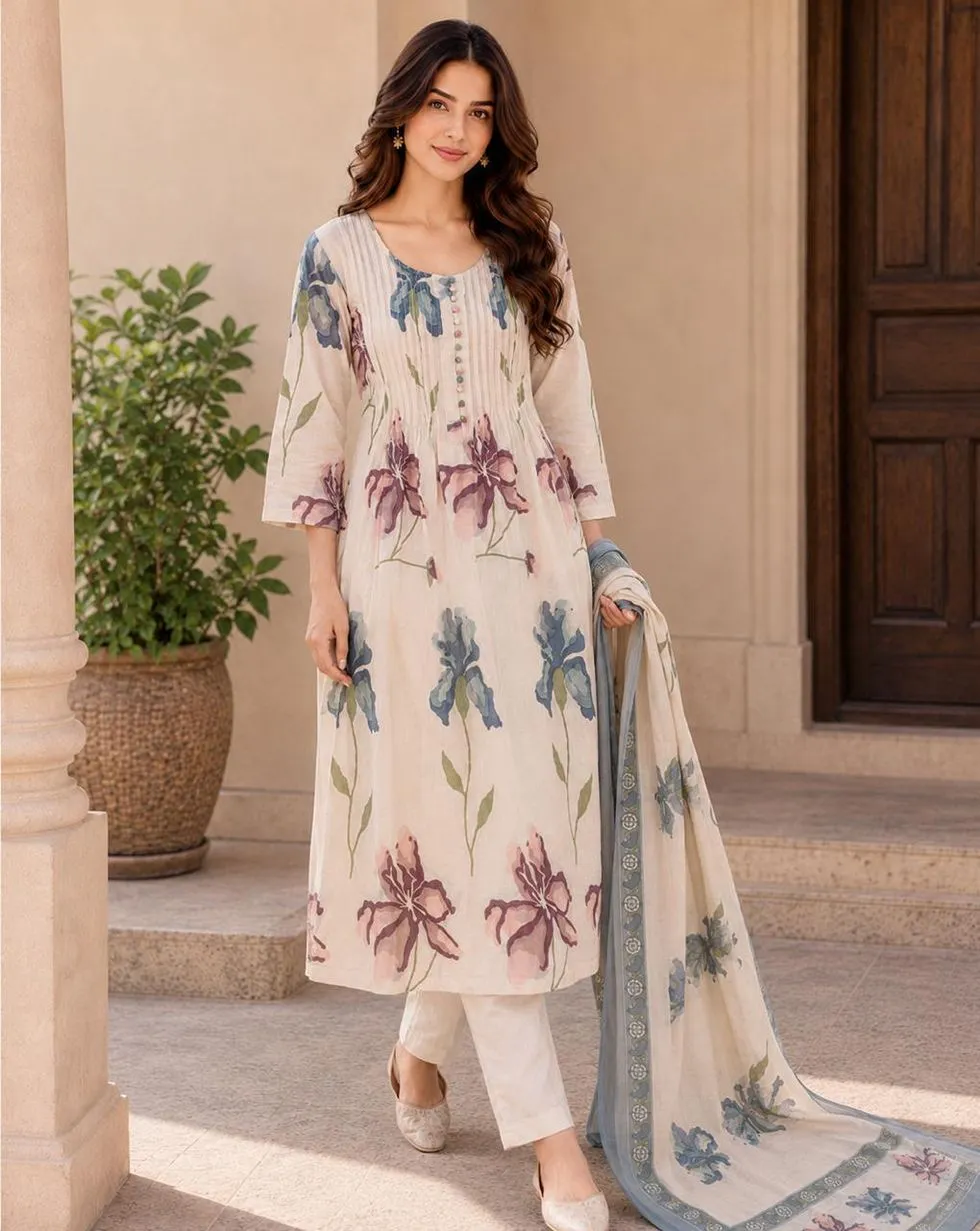 Ivory cotton suit set with blue and mauve floral prints - Full-length view