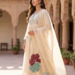 Ivory Mul Chanderi Anarkali suit with aqua geometric yoke, floral detailing and matching dupatta