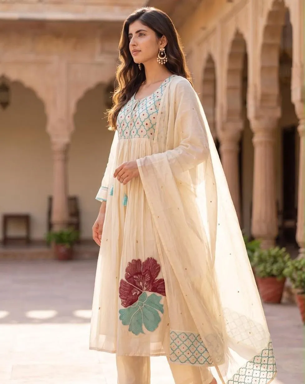 Ivory Mul Chanderi Anarkali suit with aqua geometric yoke, floral detailing and matching dupatta