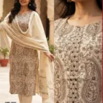 Ivory Jamdani three-piece suit set with brown paisley and floral embroidery, shown in full-length and close-up views