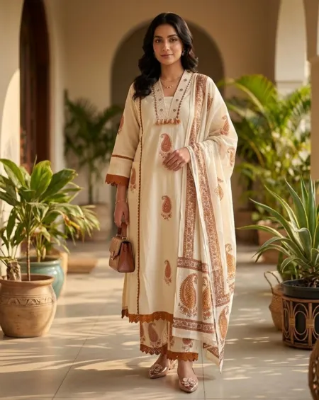 Ivory cotton suit set with rust paisley motifs, decorative neckline, lace trims and matching printed dupatta