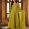 Olive green Mul Chanderi A-line suit set with blue floral embroidery on sleeves and matching dupatta