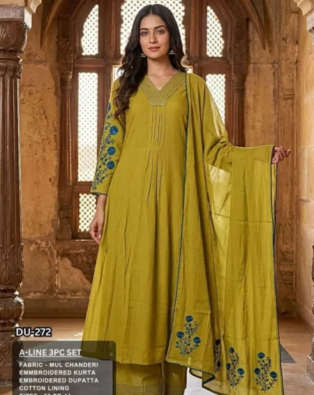 Olive green Mul Chanderi A-line suit set with blue floral embroidery on sleeves and matching dupatta