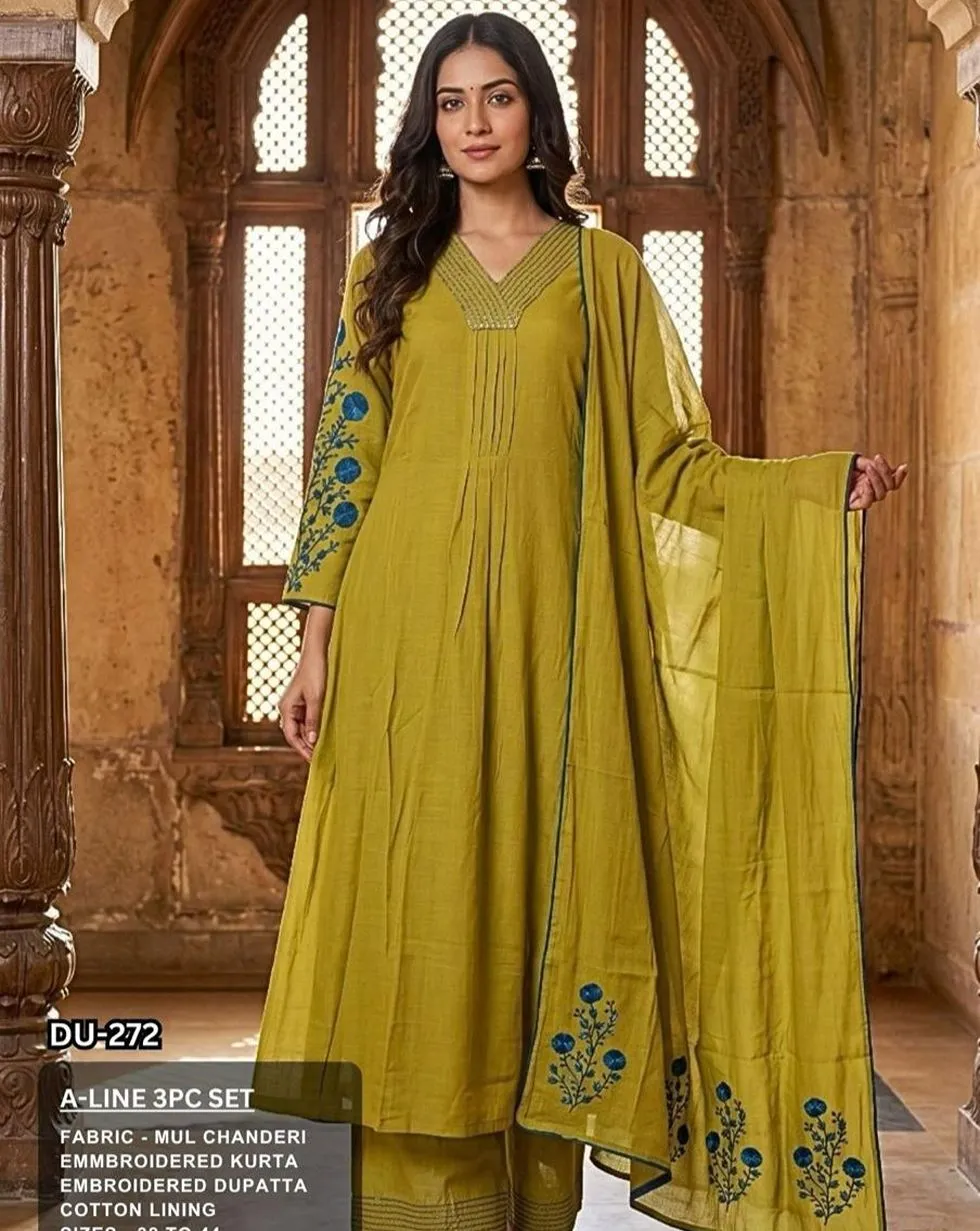 Olive green Mul Chanderi A-line suit set with blue floral embroidery on sleeves and matching dupatta