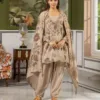 Taupe floral Mul Chanderi suit with embellished Angrakha-style neckline, matching trousers and floral dupatta
