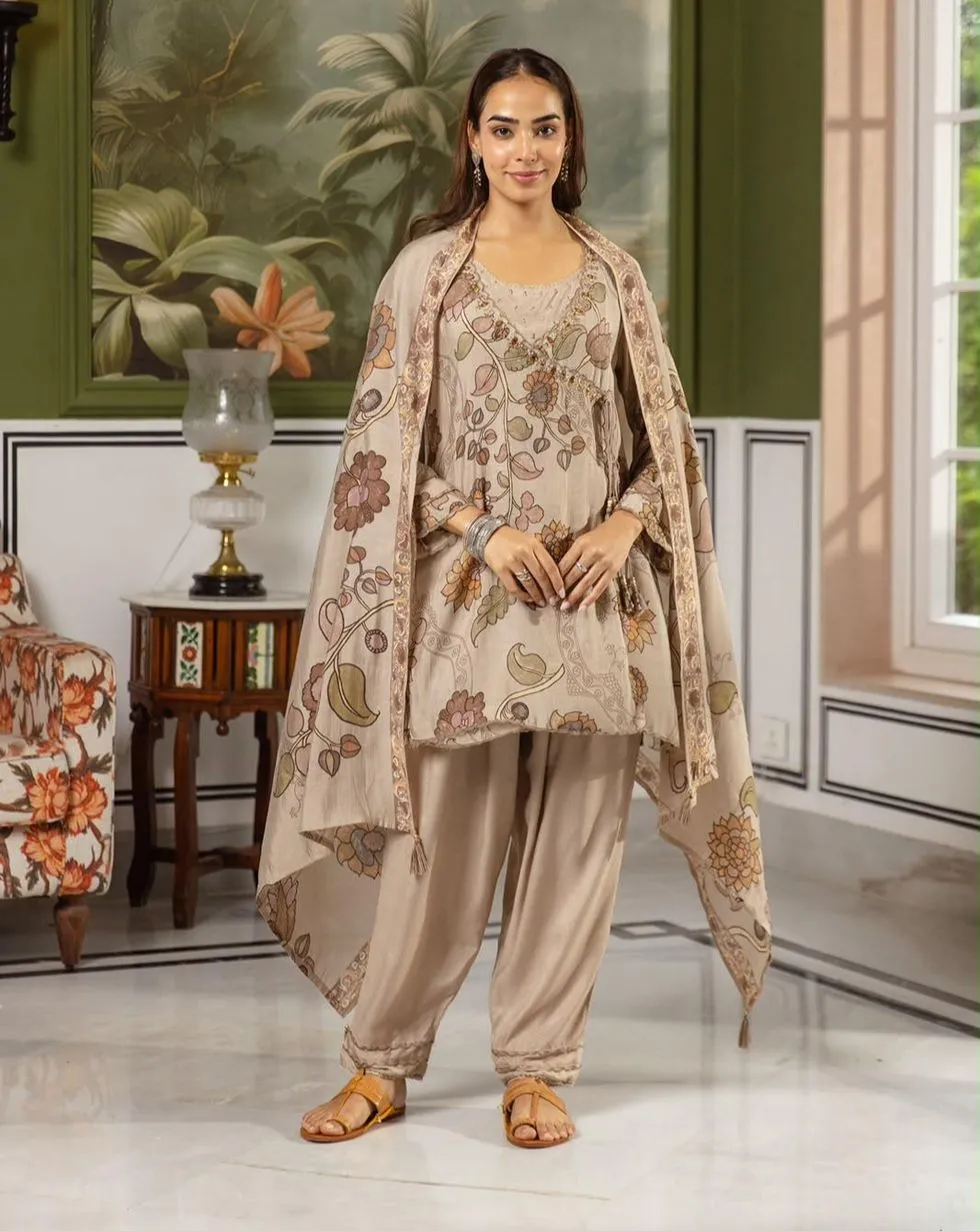 Taupe floral Mul Chanderi suit with embellished Angrakha-style neckline, matching trousers and floral dupatta