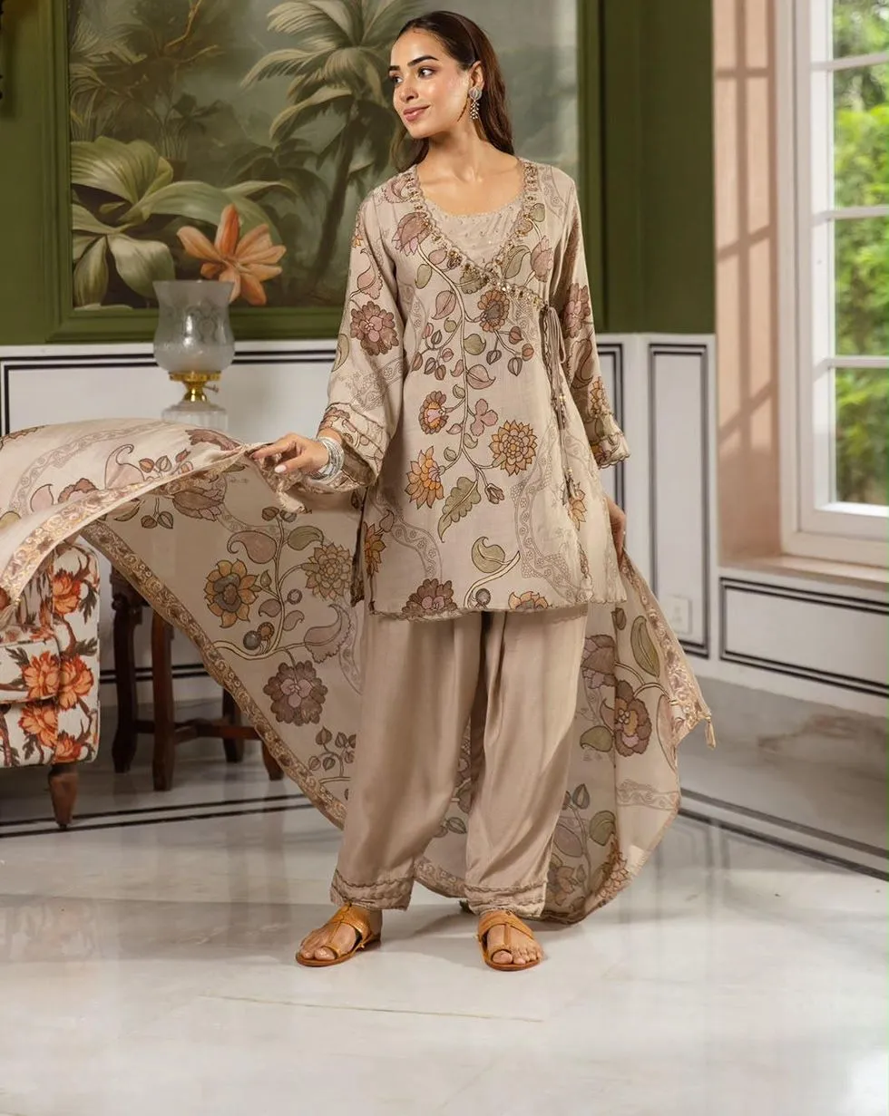 Taupe floral Mul Chanderi suit with embellished Angrakha-style neckline, matching trousers and floral dupatta