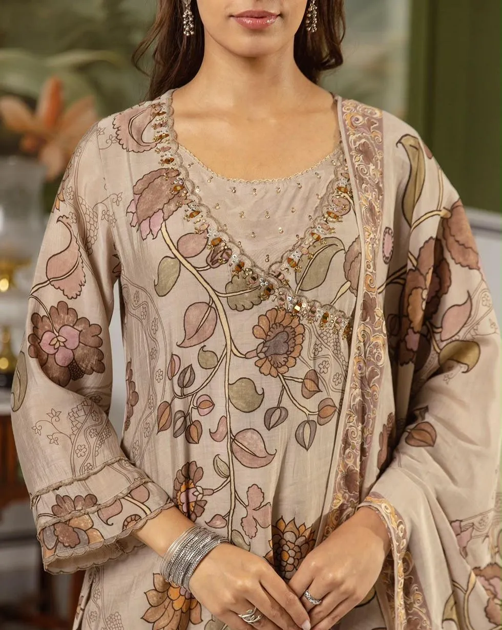 Taupe floral Mul Chanderi suit with embellished Angrakha-style neckline, matching trousers and floral dupatta