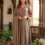 Taupe Mul Chanderi A-line suit set with red embroidered neckline and sleeves, matching trousers and dupatta