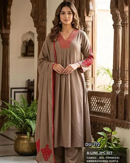 Taupe Mul Chanderi A-line suit set with red embroidered neckline and sleeves, matching trousers and dupatta